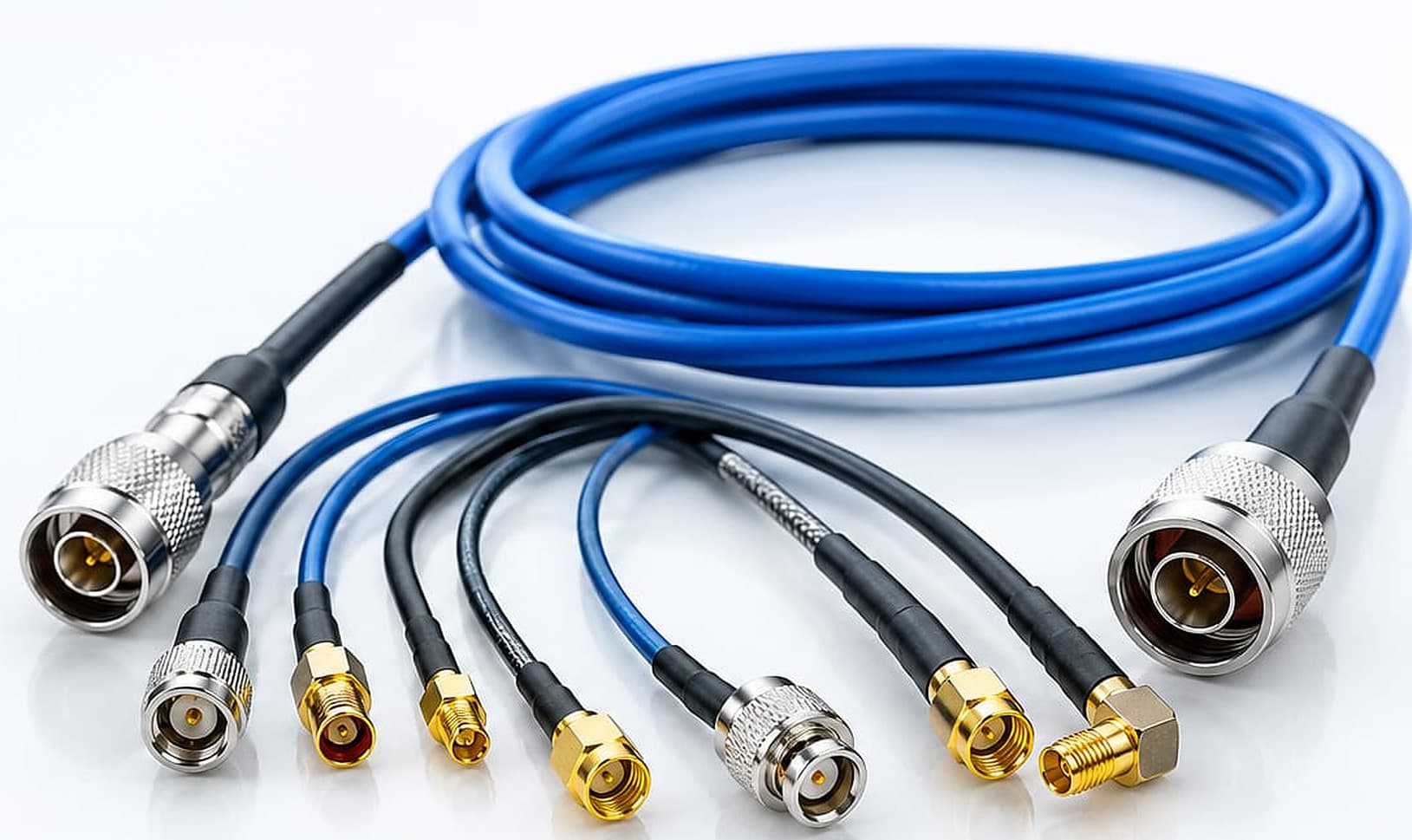 Coiled blue RF cable assembly with a selection of RF connectors